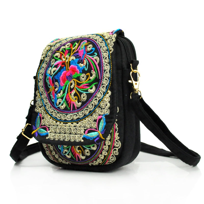 Stylish Women's Embroidered Crossbody Phone Bag with Zipper - Small Canvas Shoulder Bag for Everyday Use