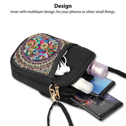 Stylish Women's Embroidered Crossbody Phone Bag with Zipper - Small Canvas Shoulder Bag for Everyday Use