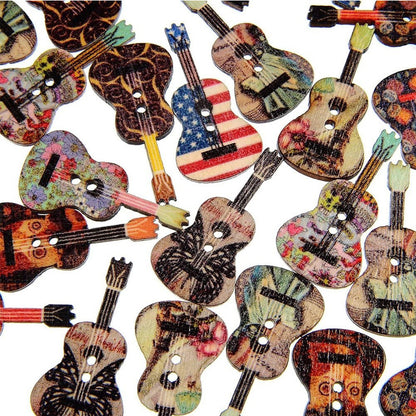 50pcs Mixed Wood Buttons 2 Holes Creative Flower Guitar Shape Sewing Scrapbooking Button Random Country Color DIY Tools