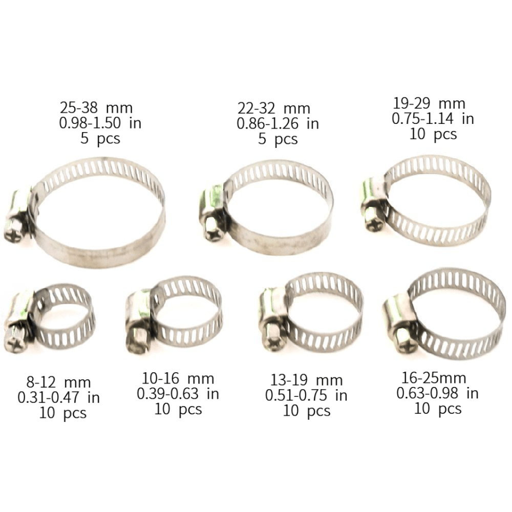 60pcs 7 Sizes Stainless Steel Adjustable Hose Clamps - Fuel Line Worm Clips & American Hoop Snap Clamps