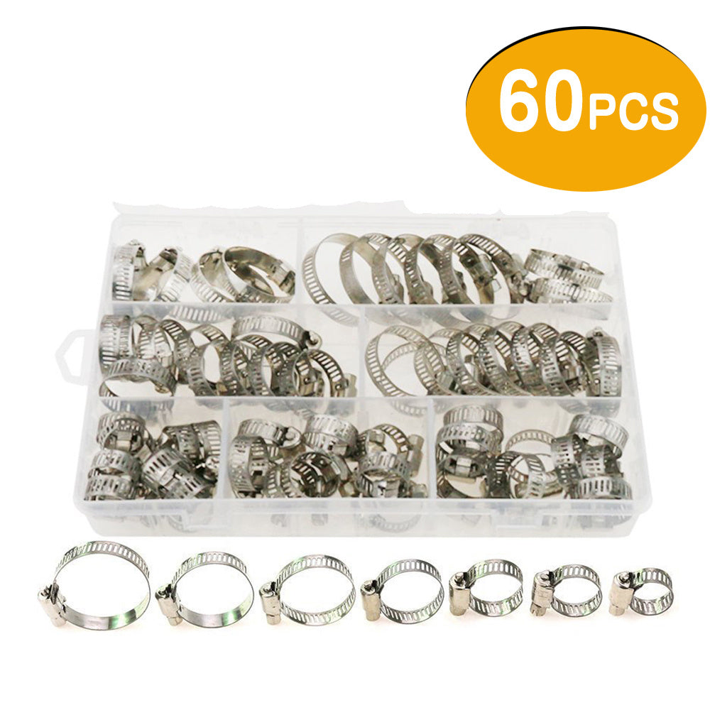 60pcs 7 Sizes Stainless Steel Adjustable Hose Clamps - Fuel Line Worm Clips & American Hoop Snap Clamps