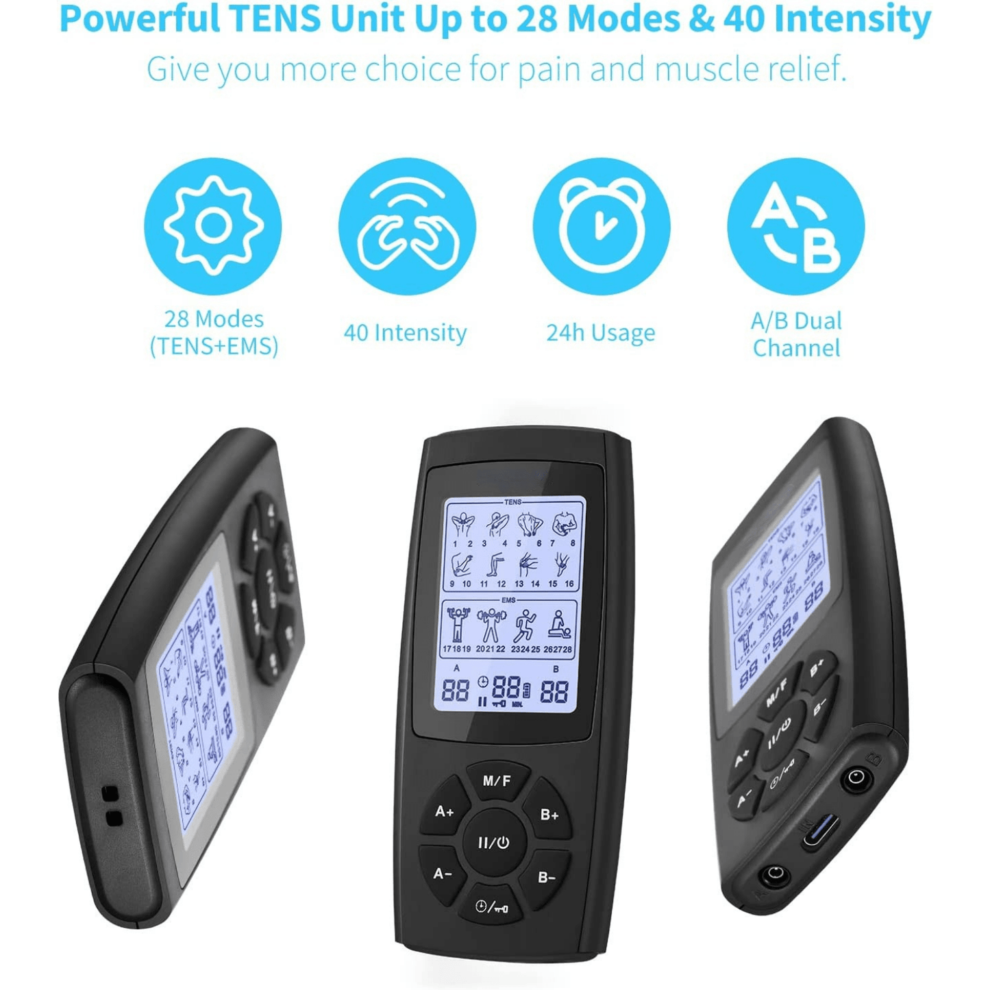 TENS EMS Unit 28 Mode 40 Intensity Muscle Stimulator For Pain Relief Therapy, Dual Channel Rechargeable TENS Machine