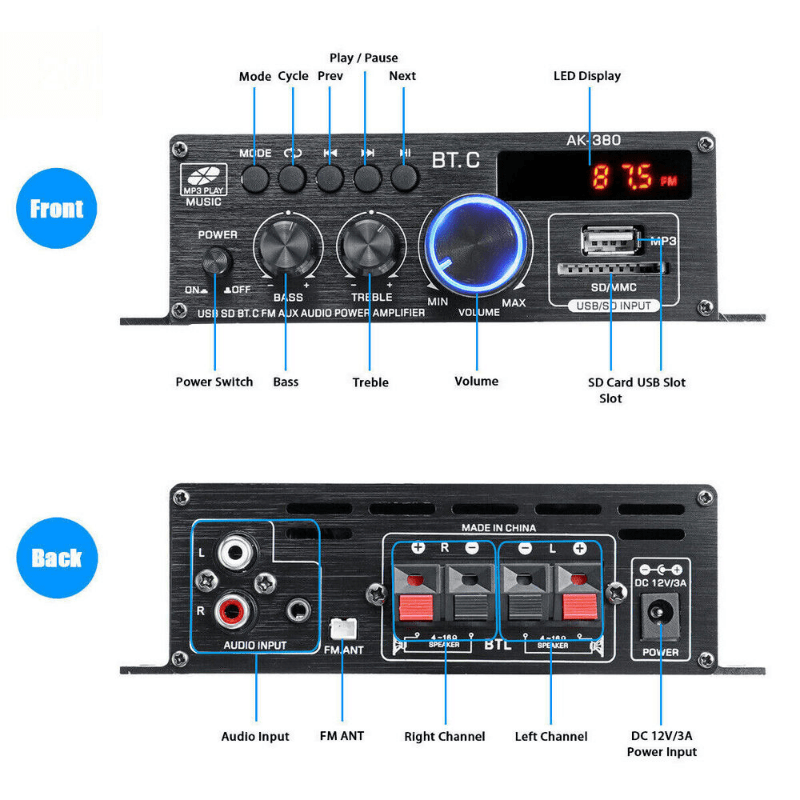 Mini amplificateur de puissance HIFI BT 800 W à 2 canaux : obtenez un son de haute qualité pour la maison ou la voiture ! 