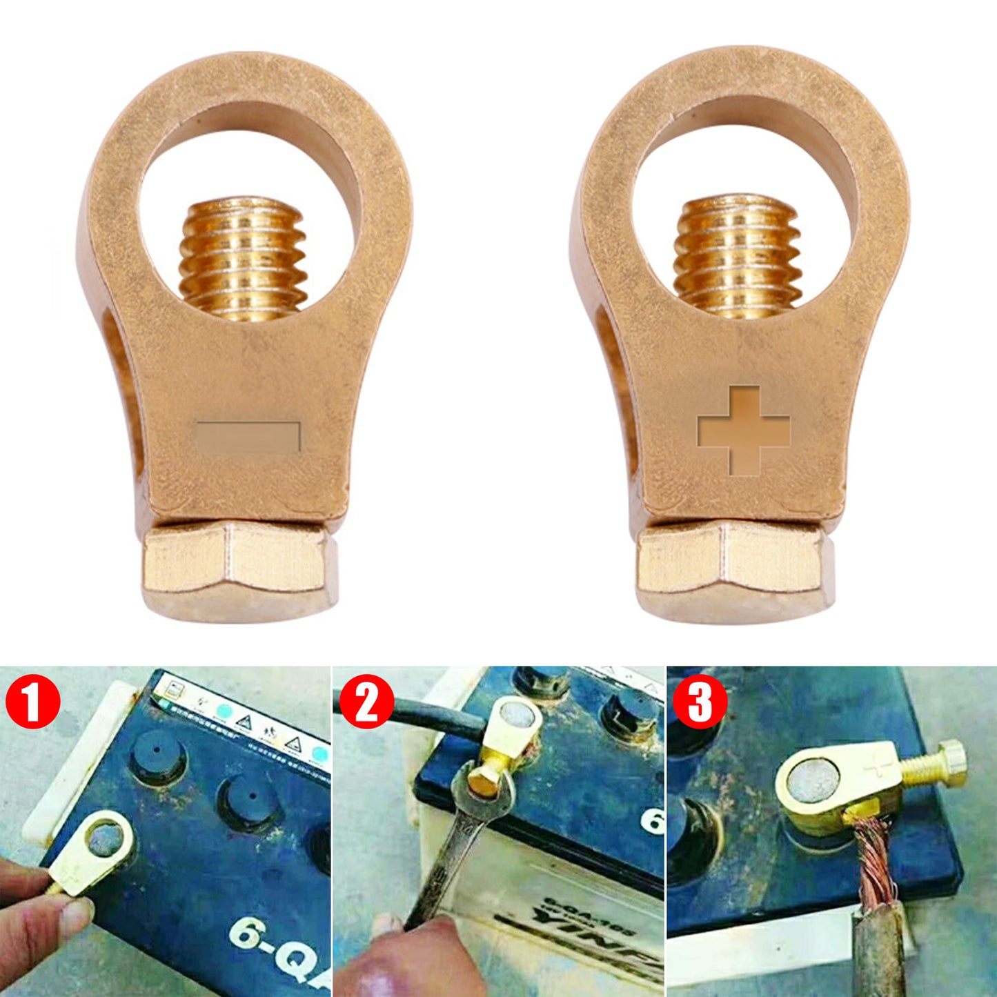 1 Pair of Car Battery Copper Terminal Wire Cable Clamps - Quick Post Terminal Connectors for Positive & Negative Electric Connections.