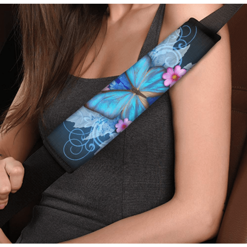 2pcs Blue Butterfly Car Seat Belt Covers, Adult And Child Shoulder Belt Covers, And Seat Belt Shoulder Pads