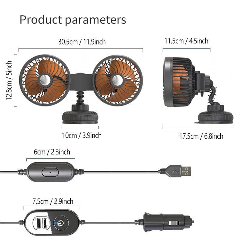 12V / 24V Portable Car Twin Head Fan USB Dual Fan Rear Seat Fan Baby Car Cooling Fan Low Noise Radiator Fan Car Ventiliator 360 Degrees Free Rotation