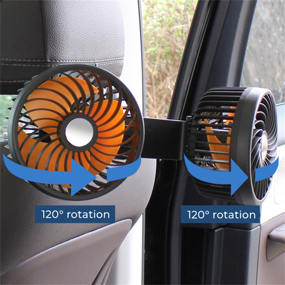 12V / 24V Portable Car Twin Head Fan USB Dual Fan Rear Seat Fan Baby Car Cooling Fan Low Noise Radiator Fan Car Ventiliator 360 Degrees Free Rotation