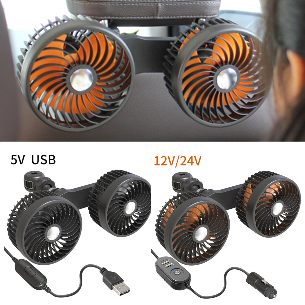 12V / 24V Portable Car Twin Head Fan USB Dual Fan Rear Seat Fan Baby Car Cooling Fan Low Noise Radiator Fan Car Ventiliator 360 Degrees Free Rotation