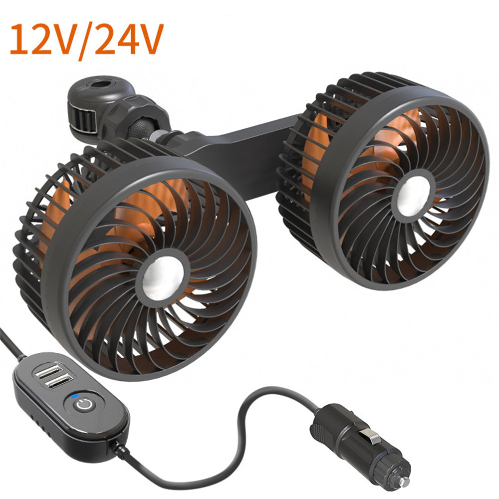 12V / 24V Portable Car Twin Head Fan USB Dual Fan Rear Seat Fan Baby Car Cooling Fan Low Noise Radiator Fan Car Ventiliator 360 Degrees Free Rotation