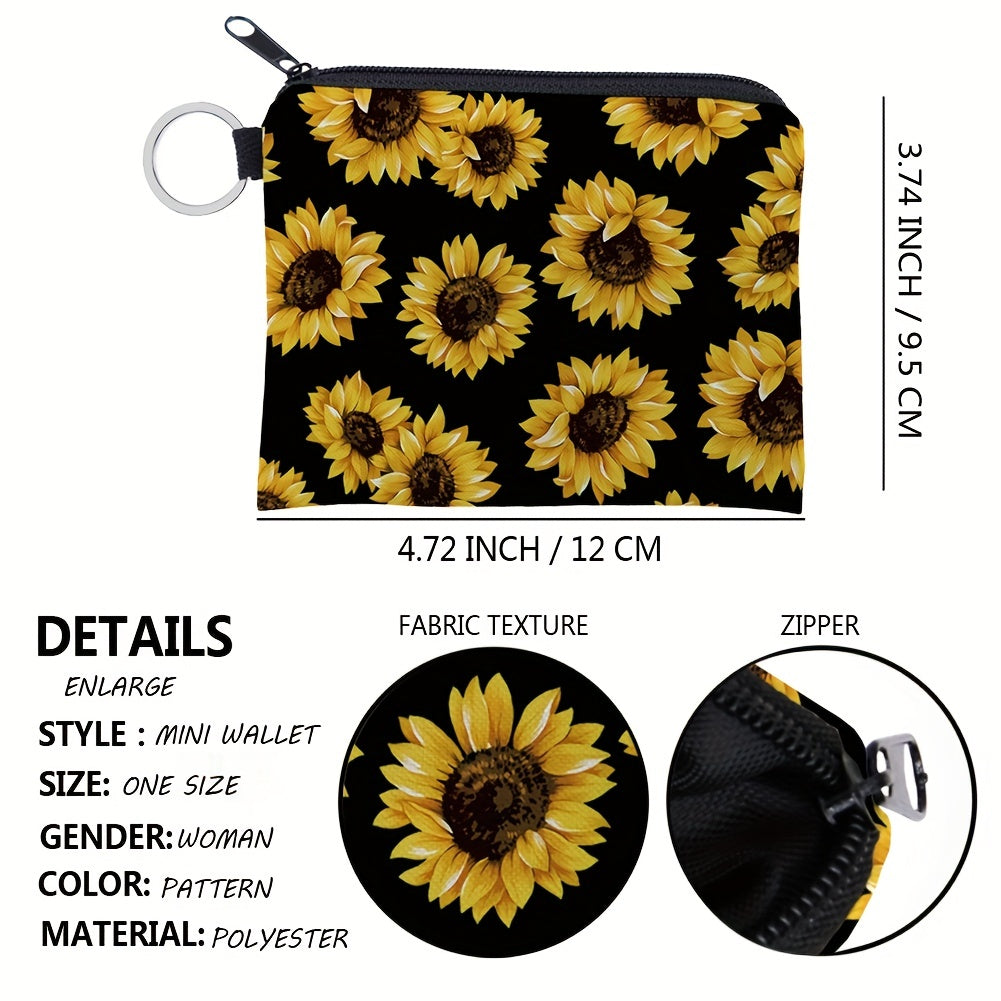 Sunflower Print Coin Purse: Cute Makeup Bag & Casual Earphone Storage Clutch Organizer