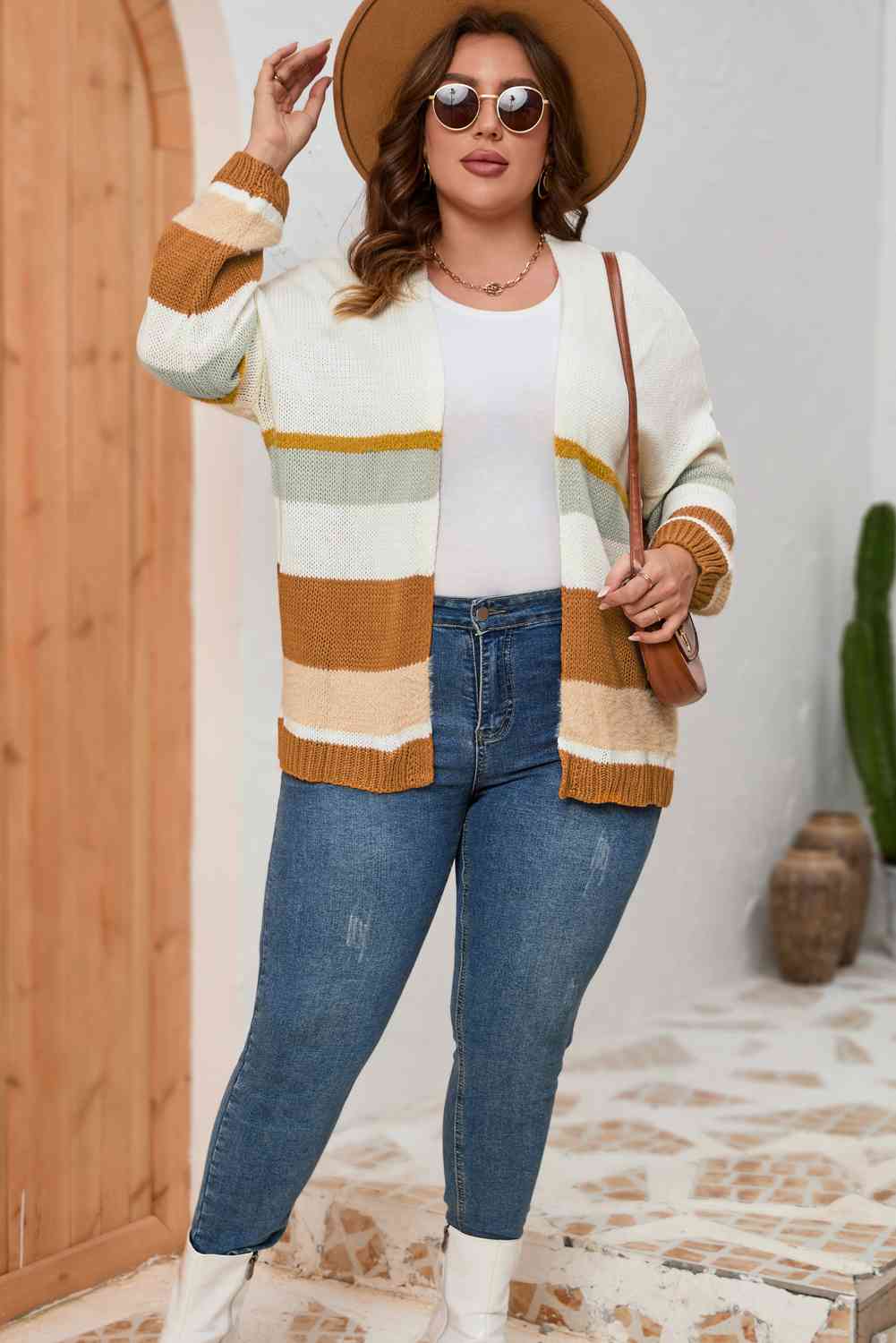 Cardigan à Manches Longues en Blocs de Couleurs de Grande Taille