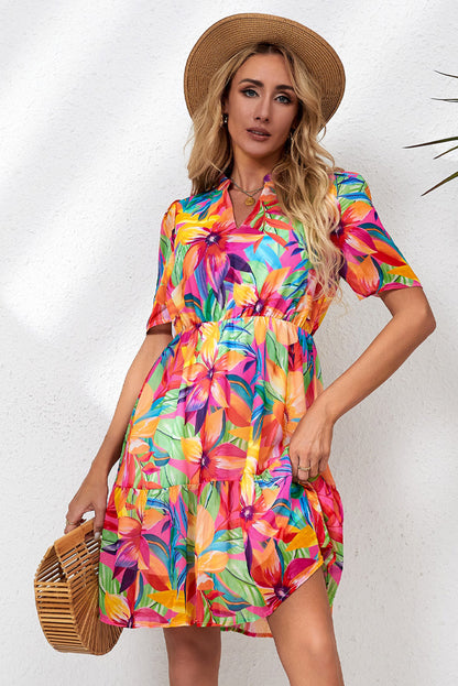 Floral Notched Neck Short Sleeve Dress