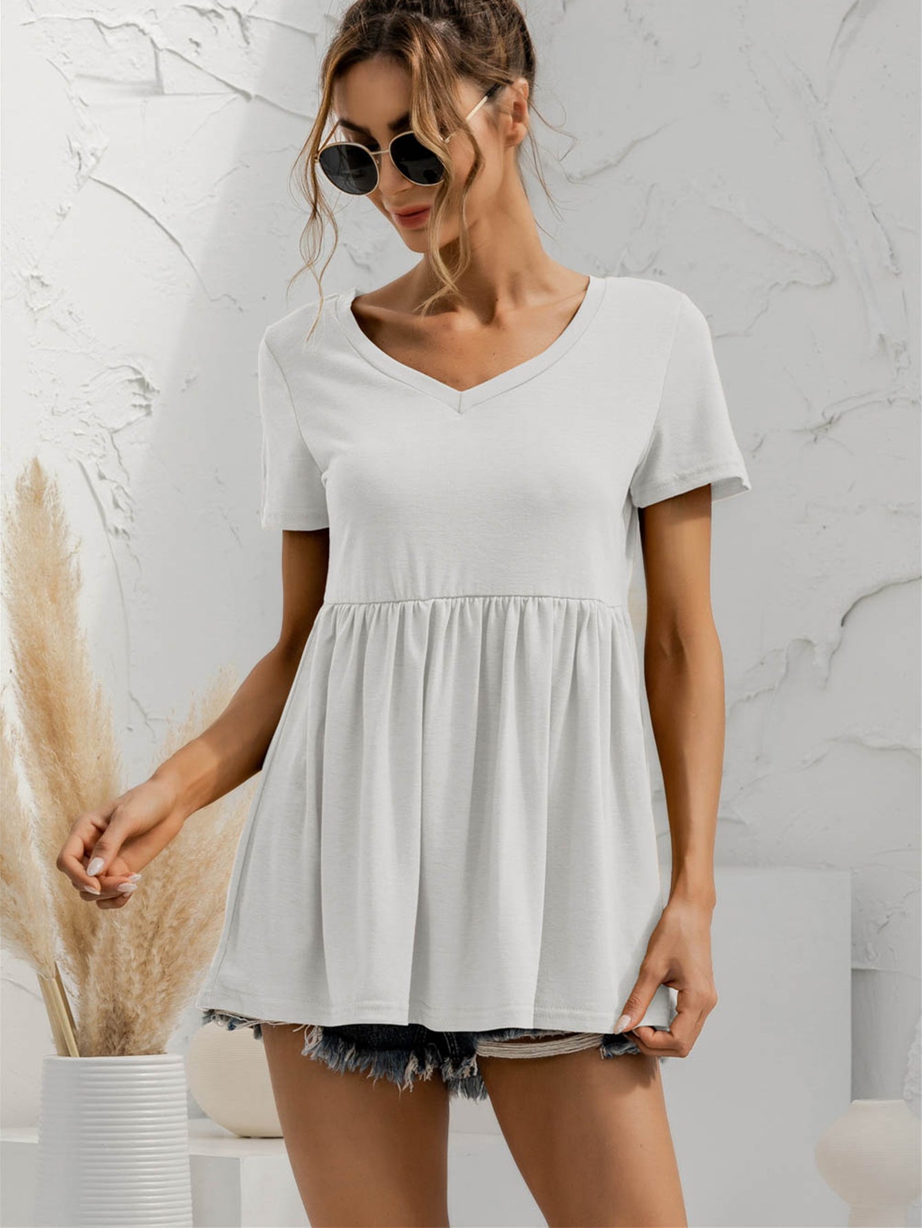 V-Neck Short Sleeve Babydoll Top