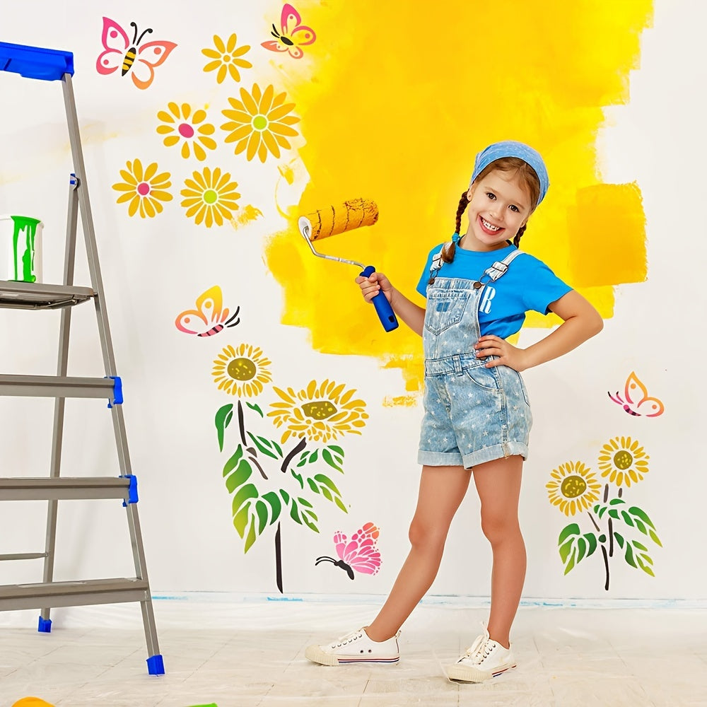 8-Piece Sunflower Butterfly Painting Stencil Kit - Reusable Plastic Template for Home Decoration - You Are My Sunshine!