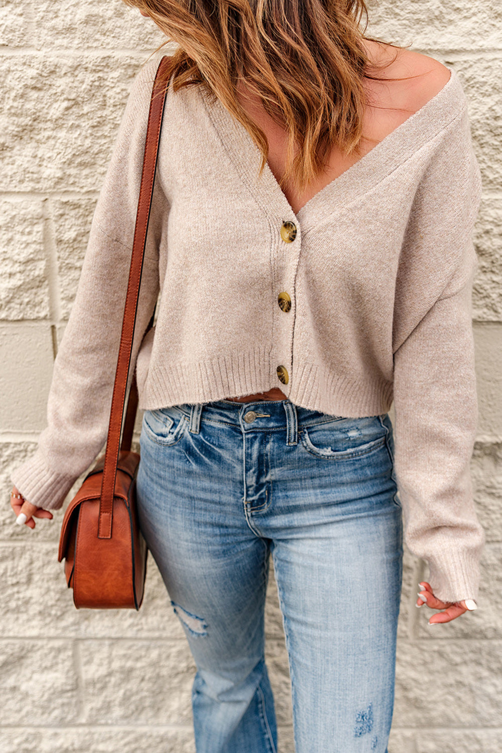 Button Down V-Neck Cropped Cardigan