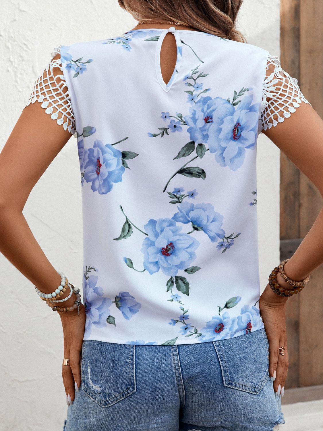 Floral Cutout Round Neck Blouse