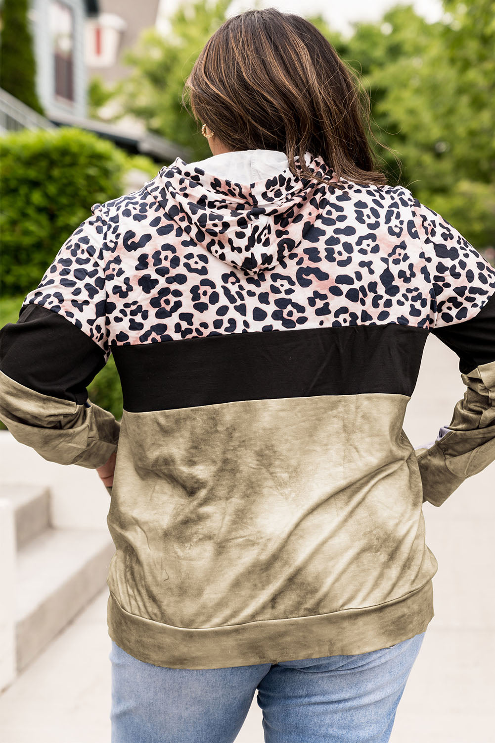 Plus Size Leopard Print Color Block Hoodie with Kangaroo Pocket