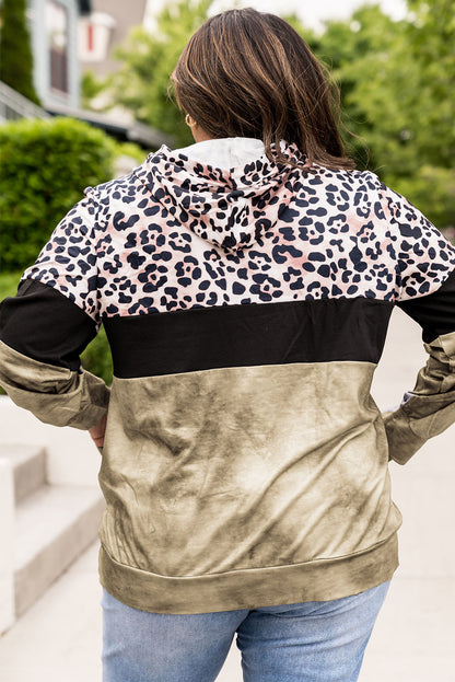 Plus Size Leopard Print Color Block Hoodie with Kangaroo Pocket