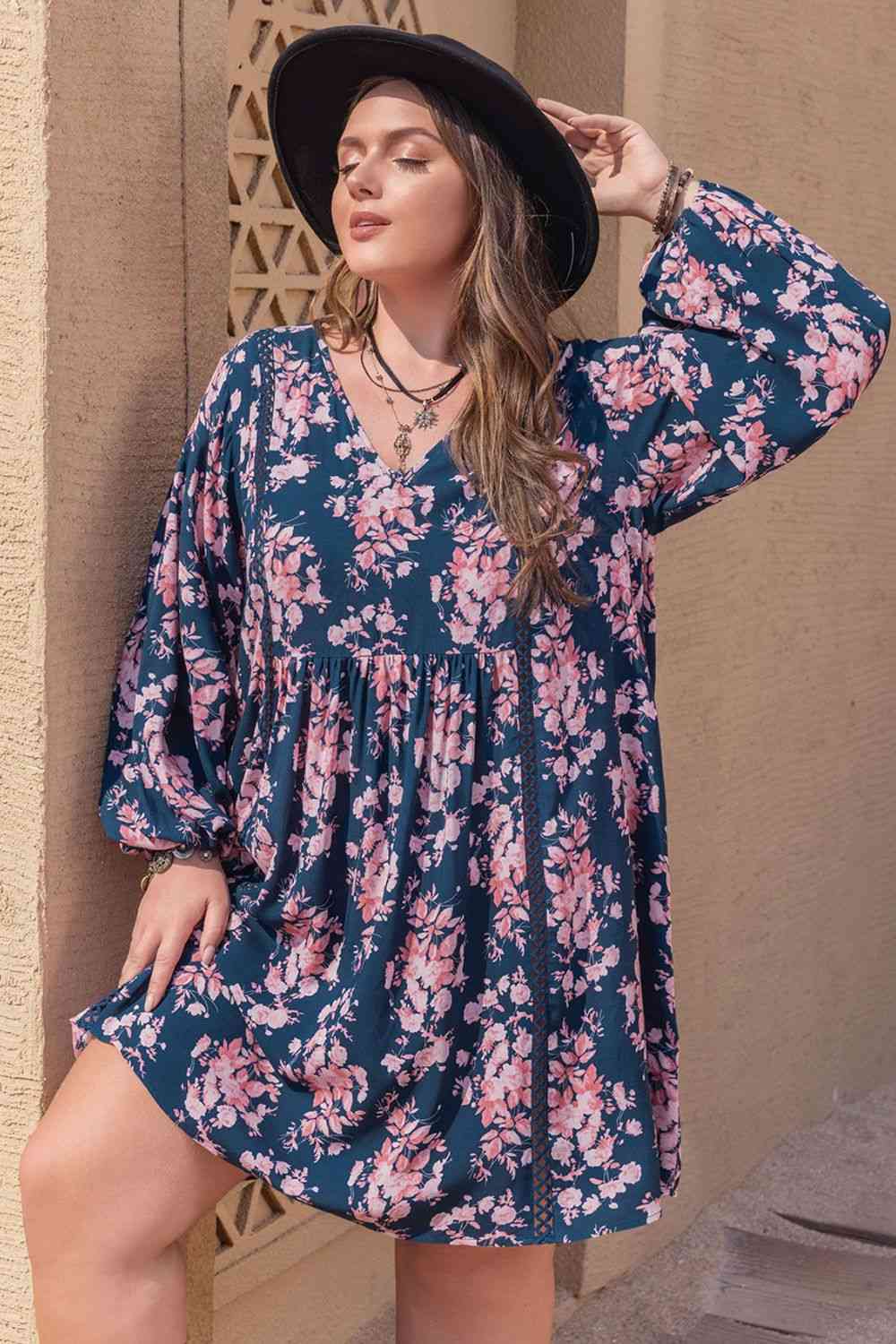 Plus Size Printed V-Neck Long Sleeve Mini Dress