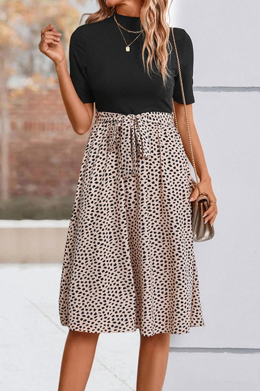 Printed Short Sleeve Belted Dress