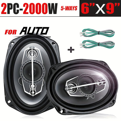 1-Pair 6X9 Inch 1000W 5-Way Car HiFi Coaxial Speaker With Dust Cover And Audio Cable, Car Door Auto Audio Music Stereo Full Range Frequency Speakers