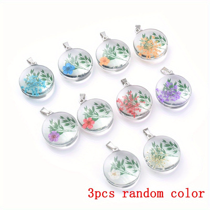 3pcs Clear Round Glass Dried Flower Pendant - Perfect for Butterfly Flower Necklace Making!