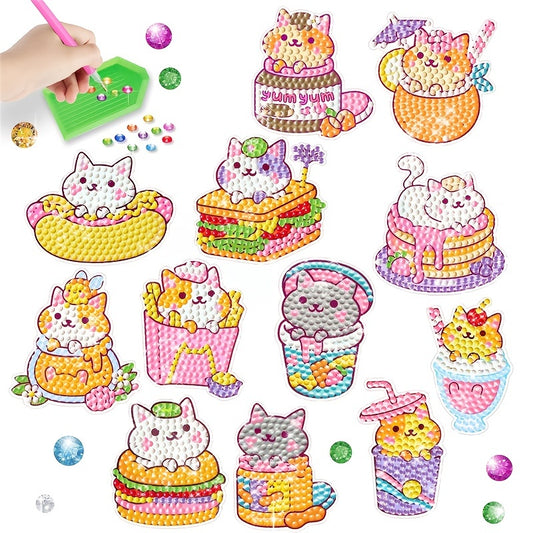 12pcs Diamond Painting Kits For Kids Handwork DIY Cute Cat Diamond Art  Sticker Craft With Gem Tool, Arts And Crafts For Kids Ages 4-6 8-12, Best Mosaic Stickers Gift For Boy And Girl