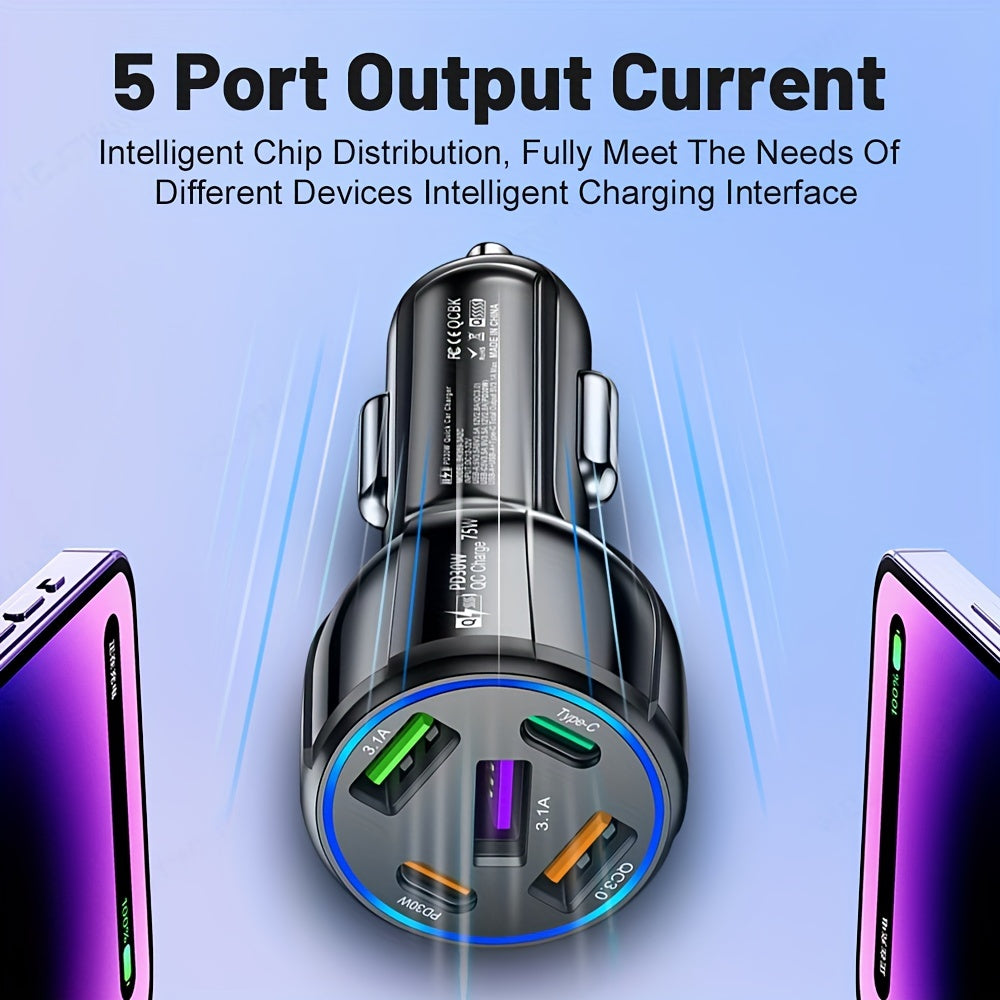 75W Fast Charging 5-in-1 Car Charger: 3USB+2PD, Dual Line, One Drag, Mobile Phone Charger