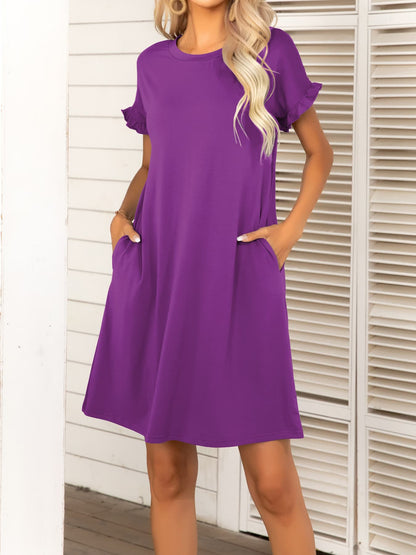 Round Neck Flounce Sleeve Dress with Pockets