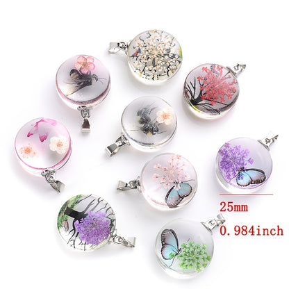 3pcs Clear Round Glass Dried Flower Pendant - Perfect for Butterfly Flower Necklace Making!