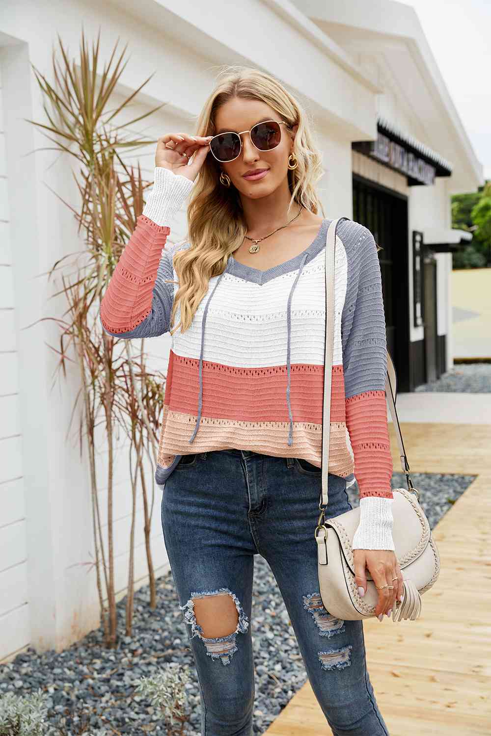 Color Block Drawstring Hooded Sweater