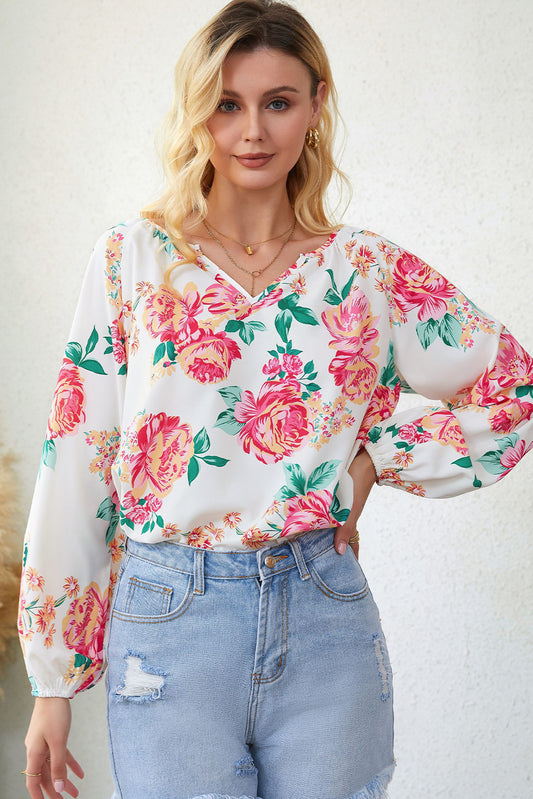 Floral Notched Neck Long Sleeve Blouse