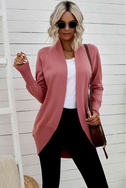 Double Take Long Sleeve Ribbed Hem Open Front Longline Cardigan