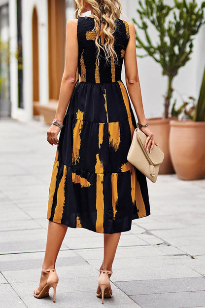 Printed Round Neck Slit Sleeveless Dress