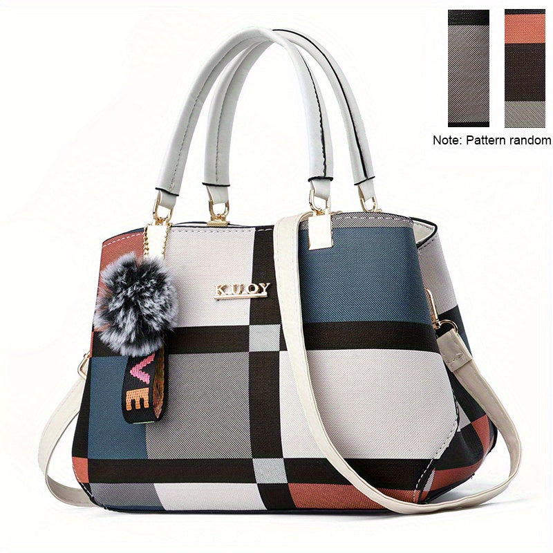 Sac cartable élégant à motif à carreaux – Sac à main à double poignée color block pour sac à bandoulière tendance pour femme 