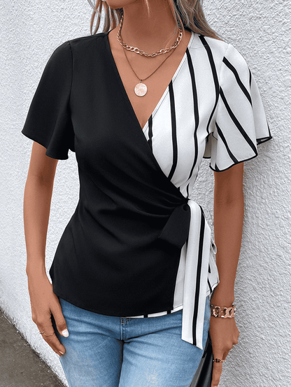 Surplice Neck Waist Tie Flutter Sleeve Blouse