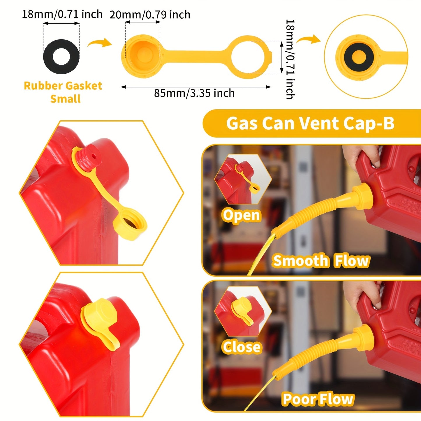 (2kit-Yellow) Gas Can Spout Replacement Kit with Long Stem Funnel and Anti-Splash Plastic Funnel - Includes 4 Screw Collar Caps