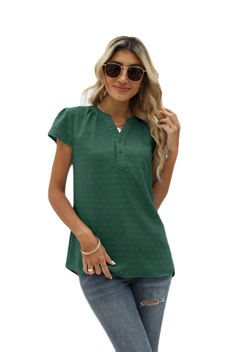 Swiss Dot Notched Neck Short Sleeve Top