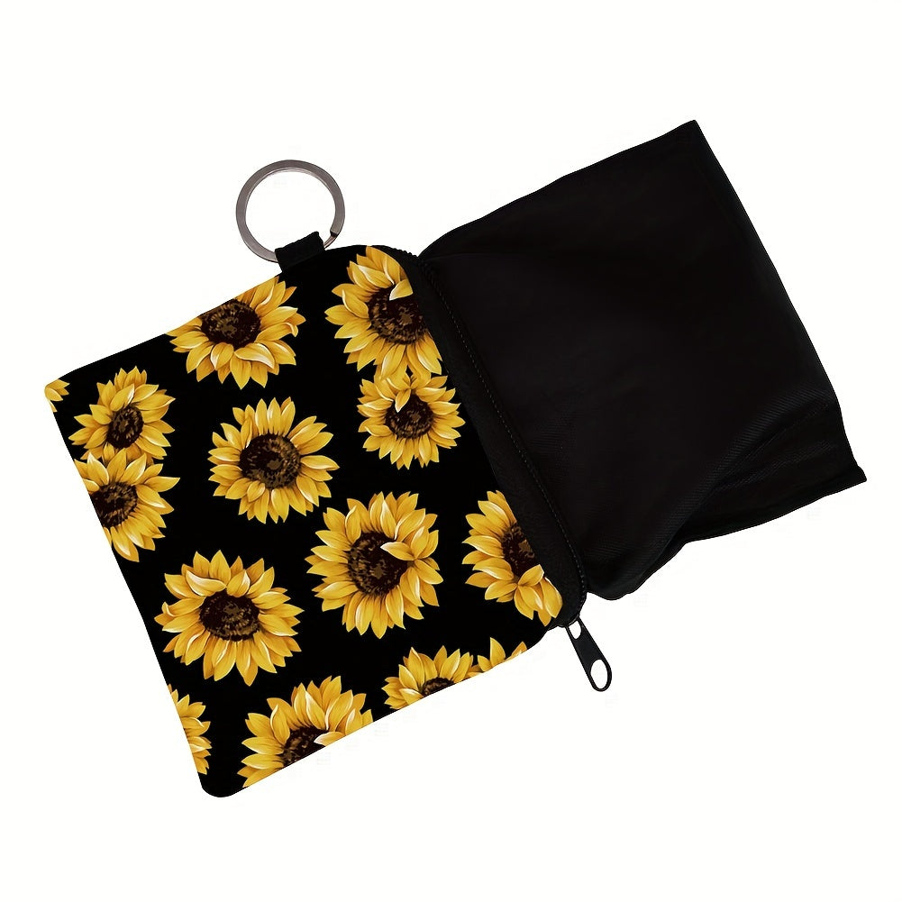 Sunflower Print Coin Purse: Cute Makeup Bag & Casual Earphone Storage Clutch Organizer