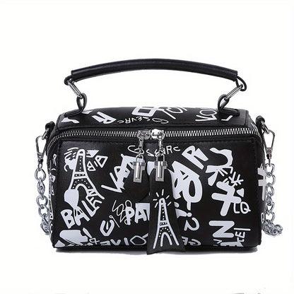 Trendy Graffiti Handbag for Women - Stylish Chain Crossbody Bag with Small Zipper Box Purse