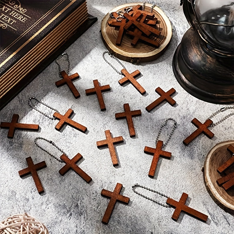 10/30pcs Mini Wooden Crosses Bulk Mini Wood Cross Charm For Craft Cross Charms With Chains Christian Baptism Cross Party Favor For DIY Keychain Necklace Bracelet Jewelry Making