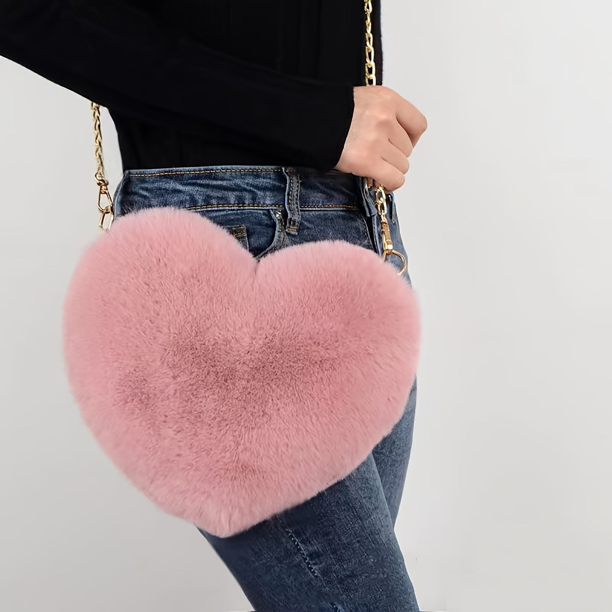 Valentine's Day Perfect: Heart-Shaped Fluffy Shoulder Bag with Chain Crossbody & Cute Zipper Purse