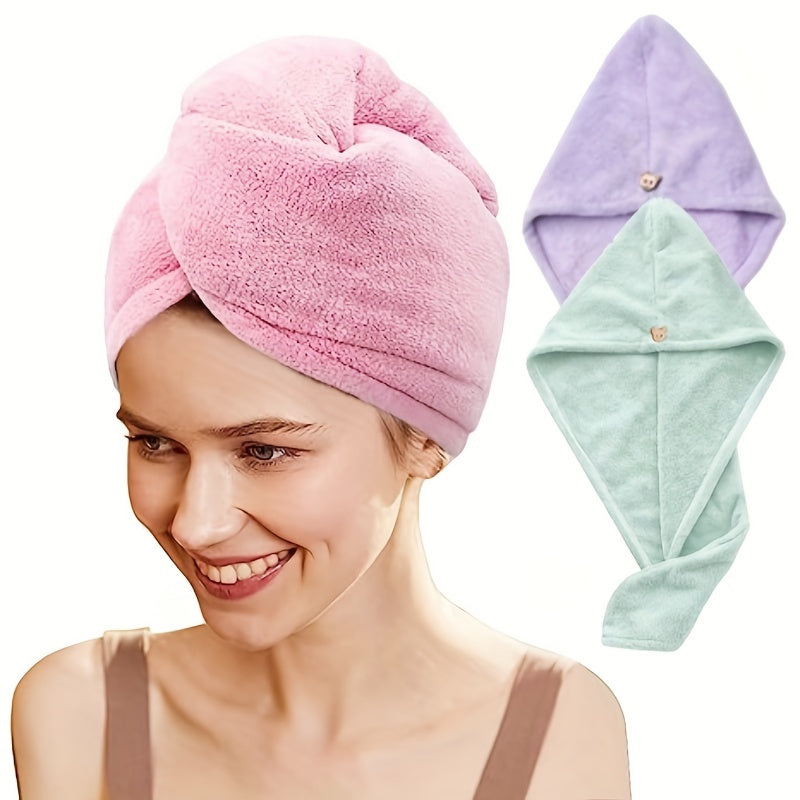 2pcs  Super Absorbent Turban Hair Towel Thicken Dry Hair Hat With Button Dry Hair Hat Bathing Accessories