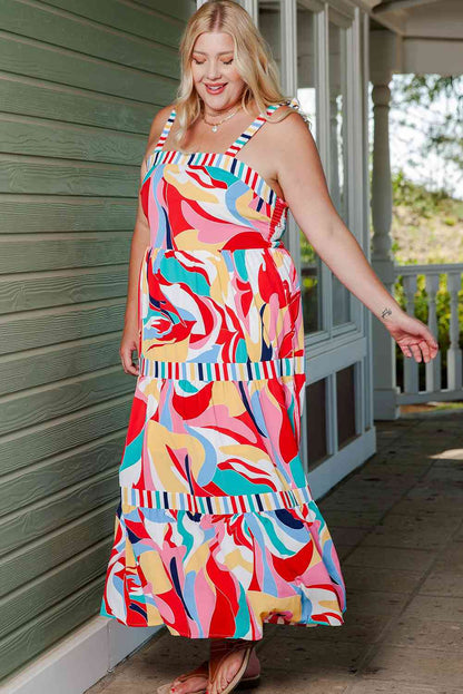 Plus Size Printed Tie Straps Straight Neck Maxi Dress