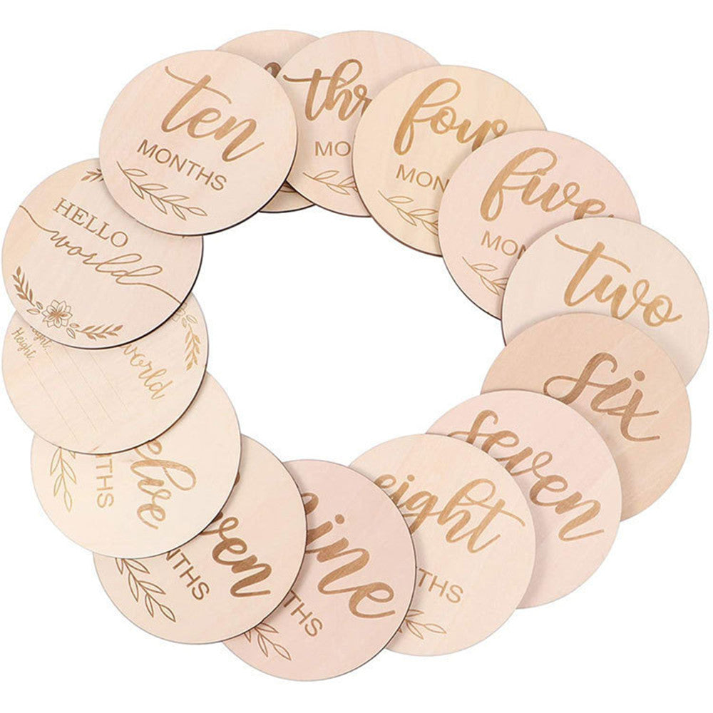 12pcs Wooden Baby Monthly Milestone Cards - Document Your Little One's Growth with Light Wood Photo Discs!