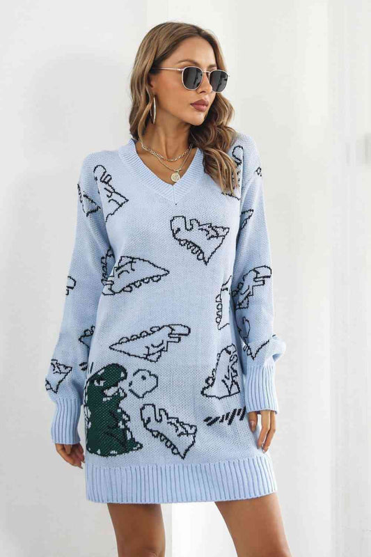 Robe pull à col en V à motif de dinosaure