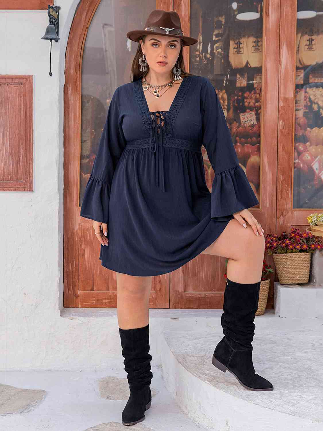 Plus Size Tie Front V-Neck Flare Sleeve Dress