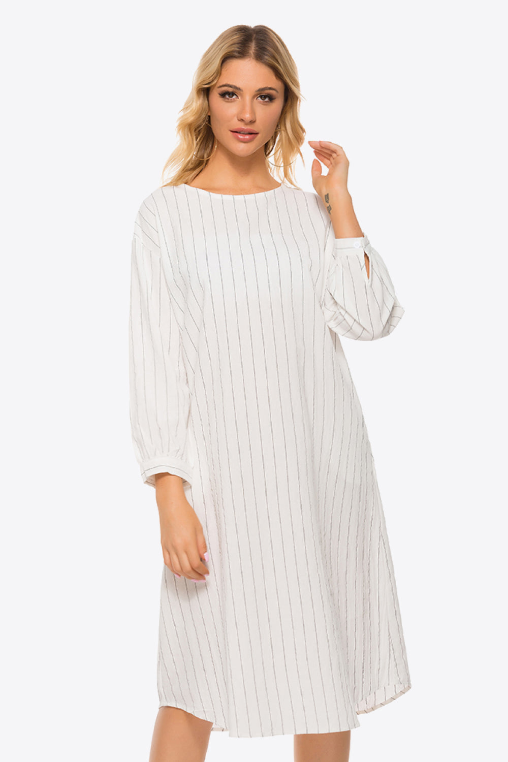 Pinstripe Tie Waist Round Neck Dress