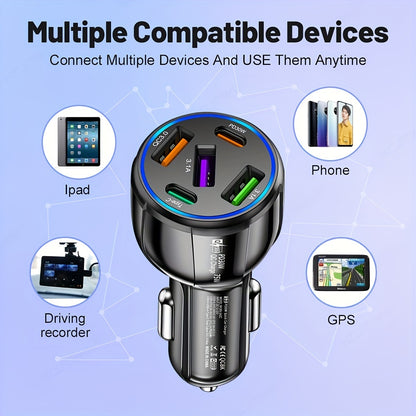 75W Fast Charging 5-in-1 Car Charger: 3USB+2PD, Dual Line, One Drag, Mobile Phone Charger