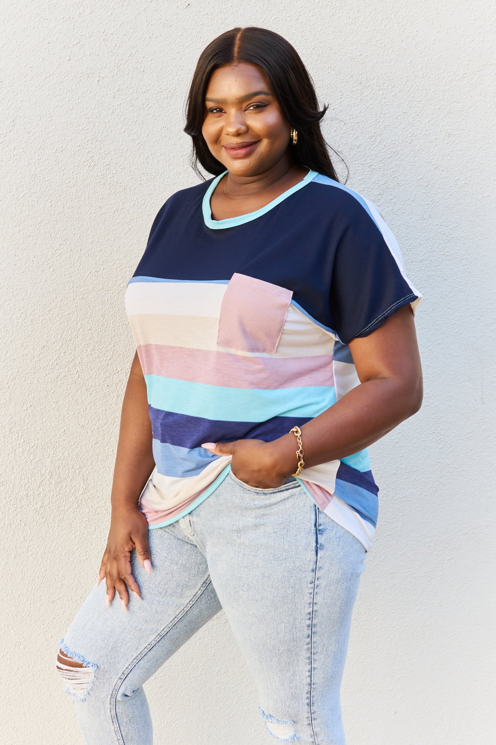 Celeste Full Size Colorblock Tunic Top in Navy Aqua